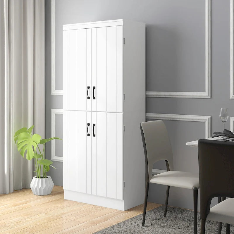 Grand Meuble de Rangement de Cuisine avec 4 Portes et 6 Étagères – Gris / Blanc, Poignées Noires, Anti-Basculement, 176,5 cm de Haut