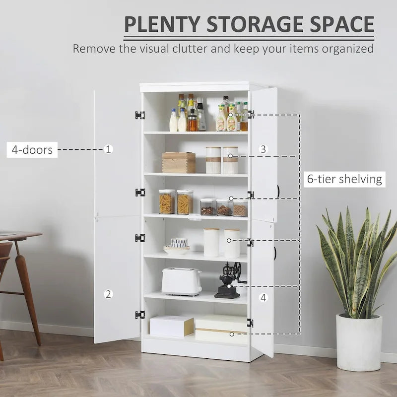 Grand Meuble de Rangement de Cuisine avec 4 Portes et 6 Étagères – Gris / Blanc, Poignées Noires, Anti-Basculement, 176,5 cm de Haut