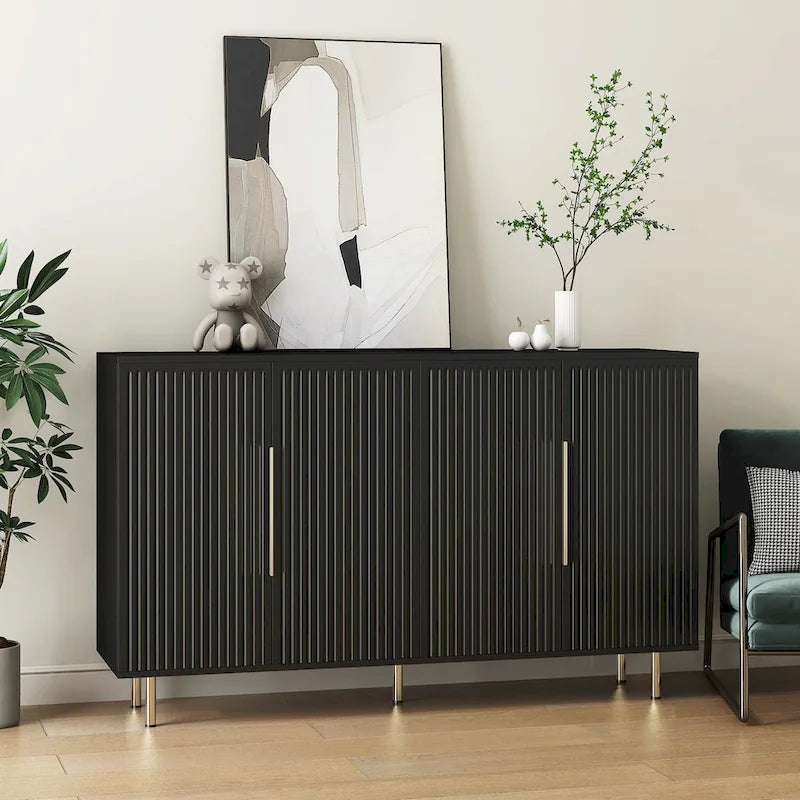 Buffet bas à panneaux cannelés avec 4 compartiments – Noir/Blanc, poignées métalliques, style moderne