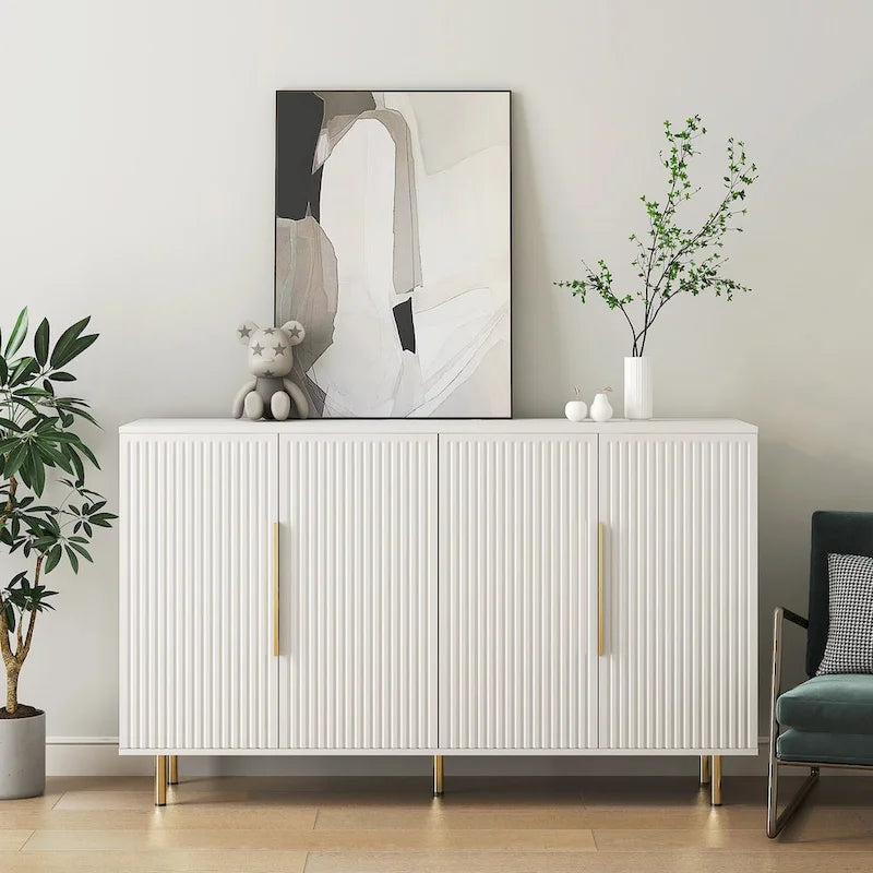 Buffet bas à panneaux cannelés avec 4 compartiments – Noir/Blanc, poignées métalliques, style moderne