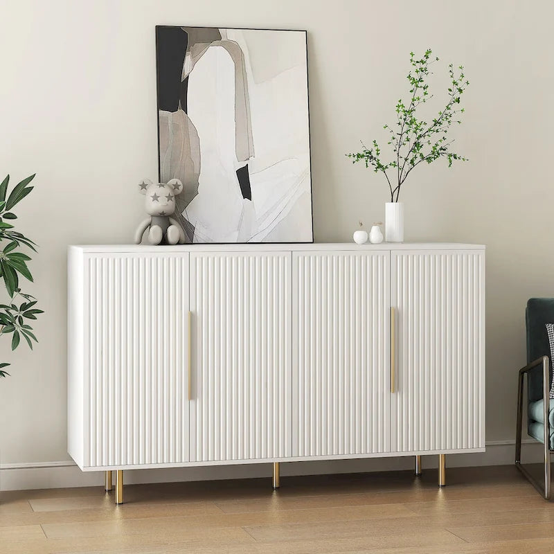 Buffet bas à panneaux cannelés avec 4 compartiments – Noir/Blanc, poignées métalliques, style moderne