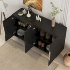 Buffet bas à panneaux cannelés avec 4 compartiments – Noir/Blanc, poignées métalliques, style moderne