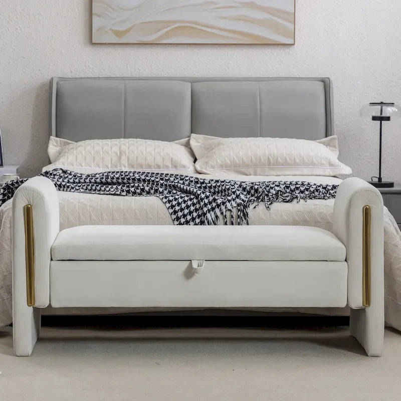 Banc de rangement en velours avec garniture en métal doré – Ivoire, 1 place