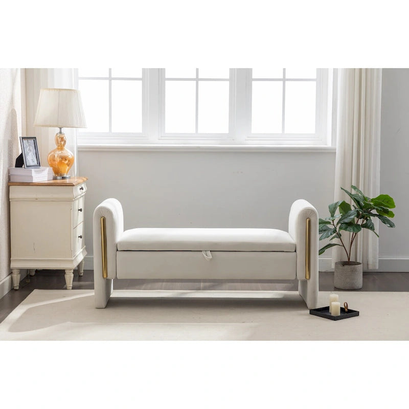 Banc de rangement en velours avec garniture en métal doré – Ivoire, 1 place