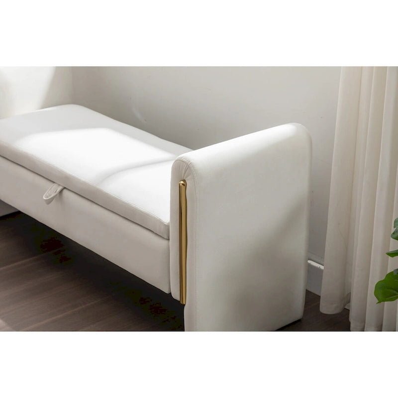 Banc de rangement en velours avec garniture en métal doré – Ivoire, 1 place