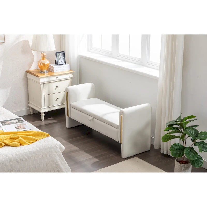 Banc de rangement en velours avec garniture en métal doré – Ivoire, 1 place