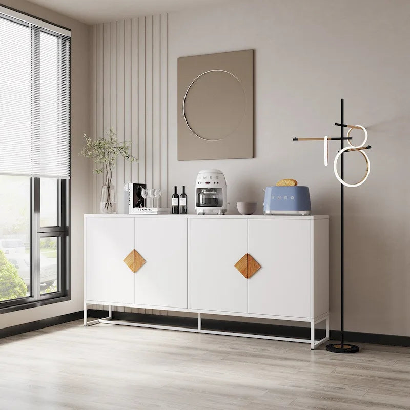 Buffet 2 portes avec cadre en fer – Blanc, MDF, poignées carrées en bois