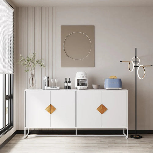 Buffet 2 portes avec cadre en fer – Blanc, MDF, poignées carrées en bois