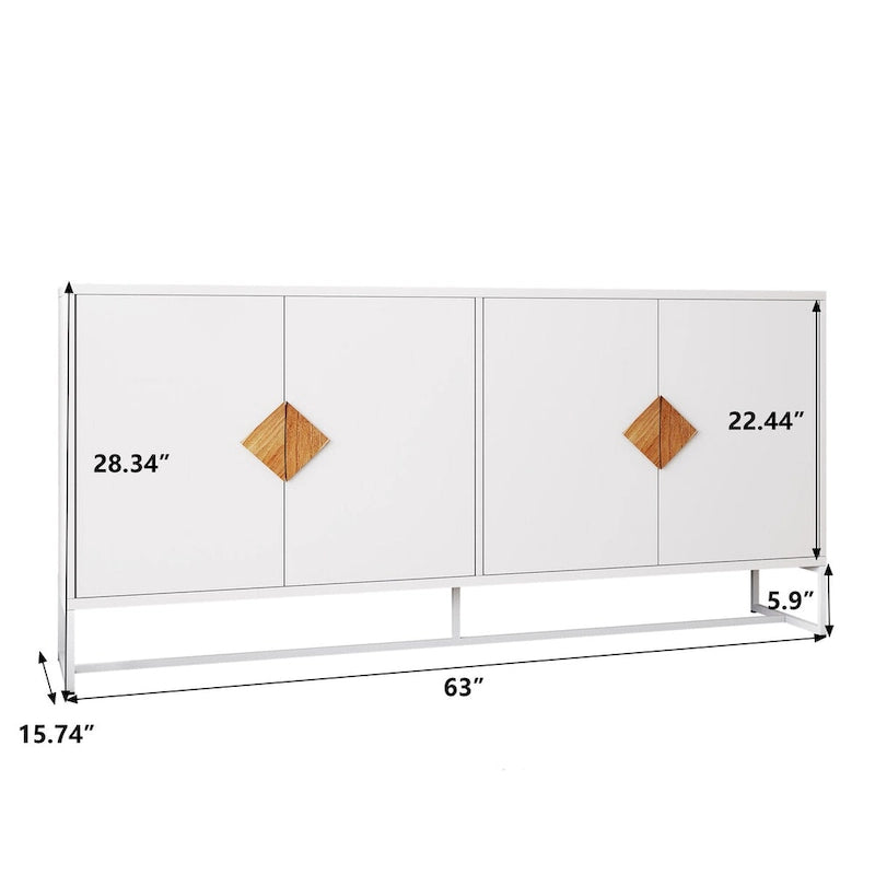 Buffet 2 portes avec cadre en fer – Blanc, MDF, poignées carrées en bois