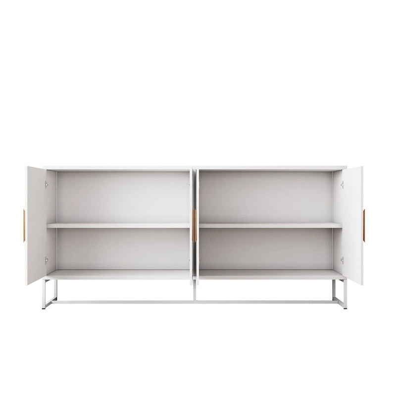 Buffet 2 portes avec cadre en fer – Blanc, MDF, poignées carrées en bois