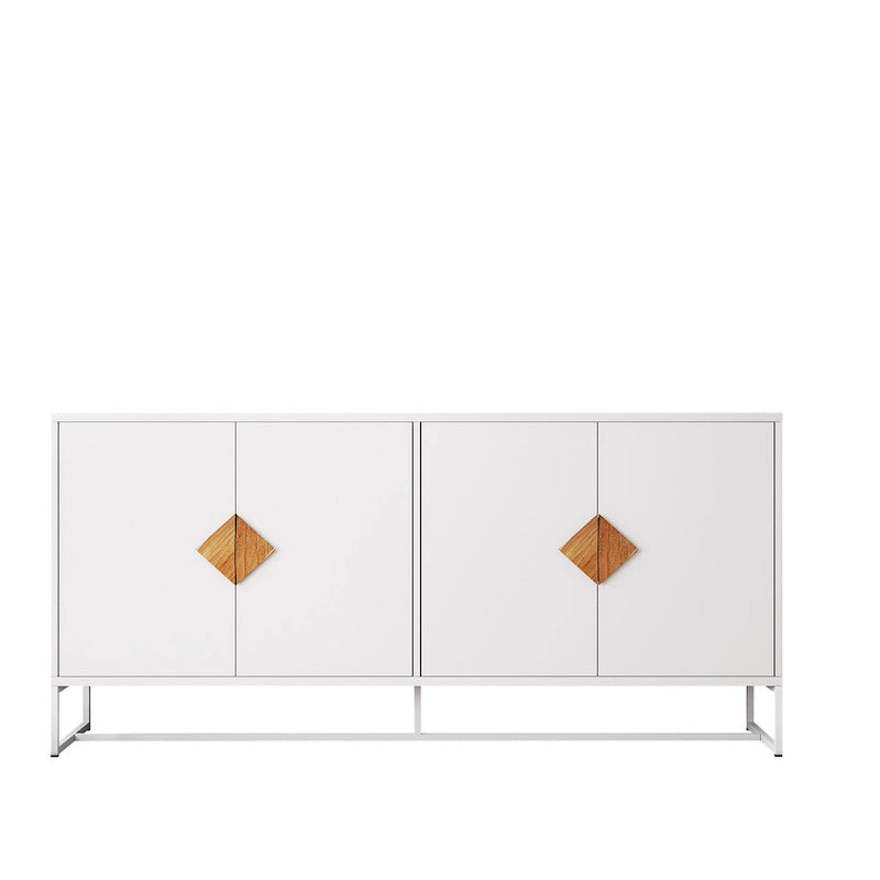 Buffet 2 portes avec cadre en fer – Blanc, MDF, poignées carrées en bois