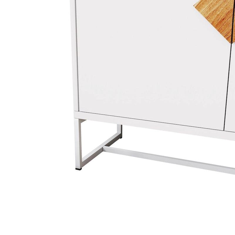 Buffet 2 portes avec cadre en fer – Blanc, MDF, poignées carrées en bois