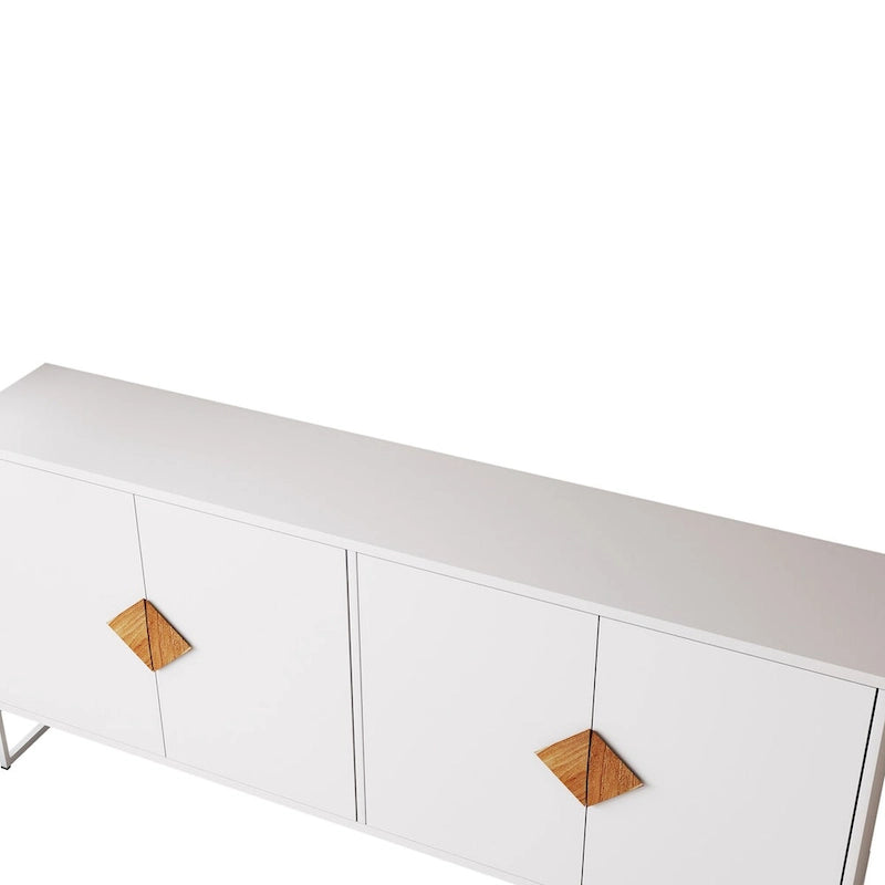 Buffet 2 portes avec cadre en fer – Blanc, MDF, poignées carrées en bois