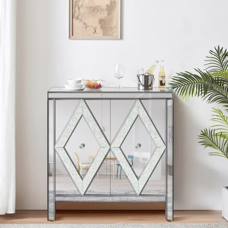 Armoire de rangement 2 portes avec miroir et motif diamant – Argent / Gris, MDF, poignées en cristal