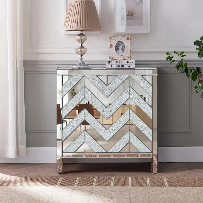 Armoire de rangement 2 portes avec miroir et motif diamant – Argent / Gris, MDF, poignées en cristal
