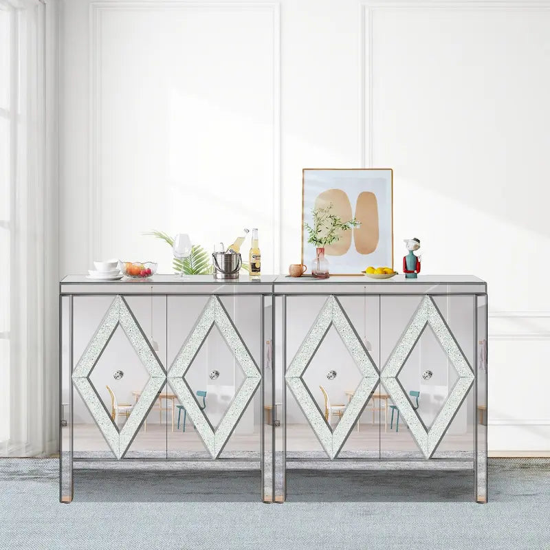 Armoire de rangement 2 portes avec miroir et motif diamant – Argent / Gris, MDF, poignées en cristal