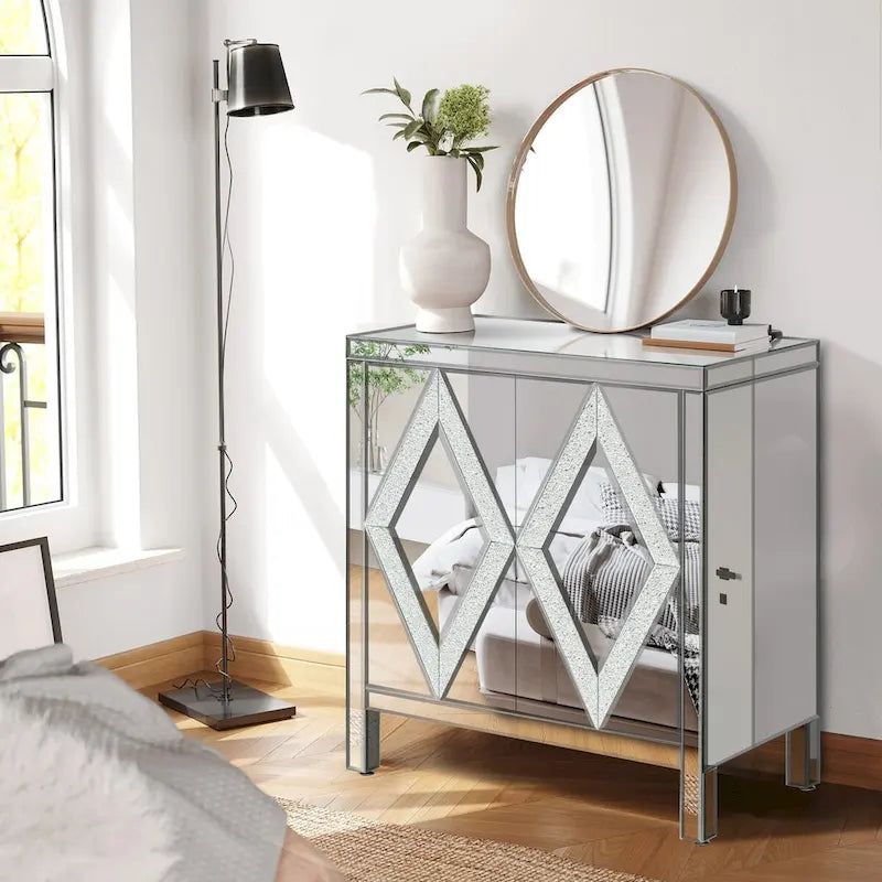Armoire de rangement 2 portes avec miroir et motif diamant – Argent / Gris, MDF, poignées en cristal