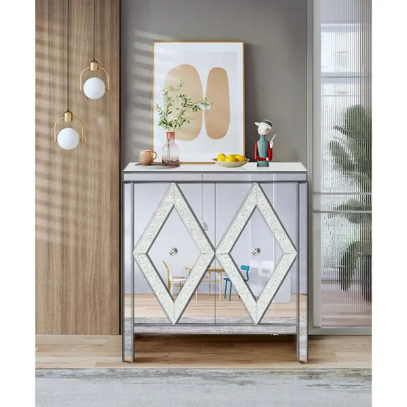 Armoire de rangement 2 portes avec miroir et motif diamant – Argent / Gris, MDF, poignées en cristal