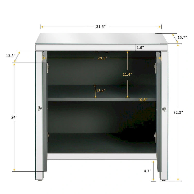 Armoire de rangement 2 portes avec miroir et motif diamant – Argent / Gris, MDF, poignées en cristal