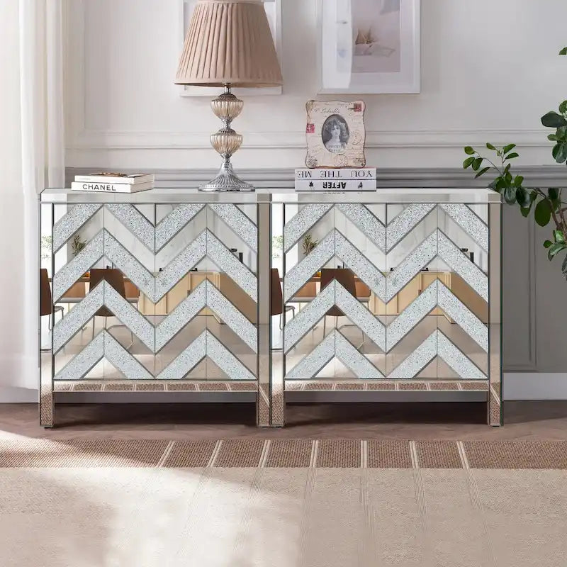 Armoire de rangement 2 portes avec miroir et motif diamant – Argent / Gris, MDF, poignées en cristal