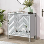 Armoire de rangement 2 portes avec miroir et motif diamant – Argent / Gris, MDF, poignées en cristal