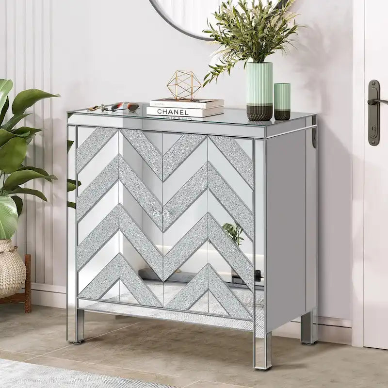 Armoire de rangement 2 portes avec miroir et motif diamant – Argent / Gris, MDF, poignées en cristal