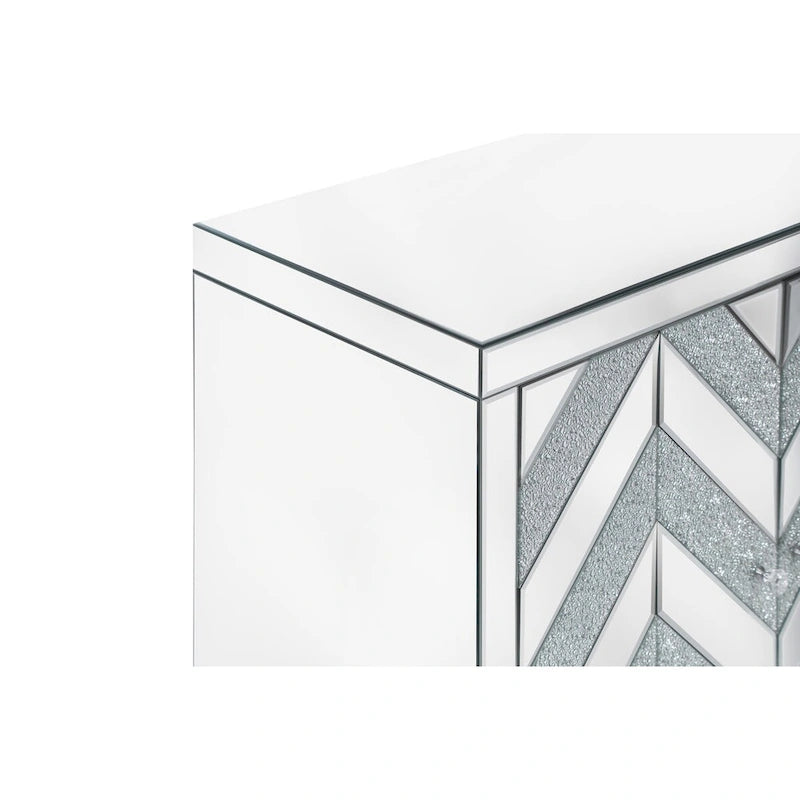 Armoire de rangement 2 portes avec miroir et motif diamant – Argent / Gris, MDF, poignées en cristal