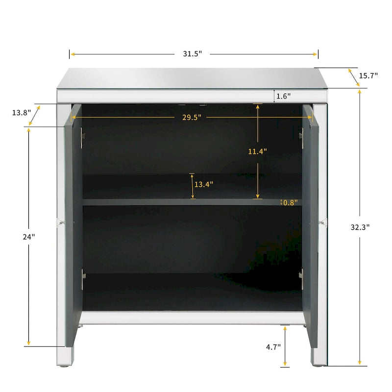 Armoire de rangement 2 portes avec miroir et motif diamant – Argent / Gris, MDF, poignées en cristal
