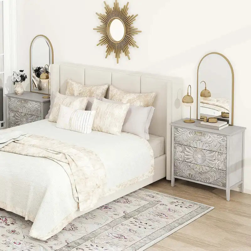 Commode 3 tiroirs avec poignées à motif doré – Gris et blanc, anti-basculement, tiroirs à glissière inférieure