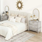 Commode 3 tiroirs avec poignées à motif doré – Gris et blanc, anti-basculement, tiroirs à glissière inférieure