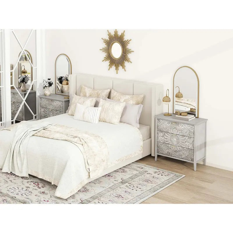 Commode 3 tiroirs avec poignées à motif doré – Gris et blanc, anti-basculement, tiroirs à glissière inférieure