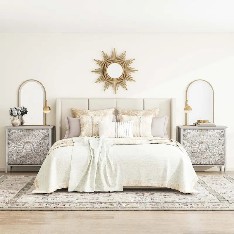 Commode 3 tiroirs avec poignées à motif doré – Gris et blanc, anti-basculement, tiroirs à glissière inférieure