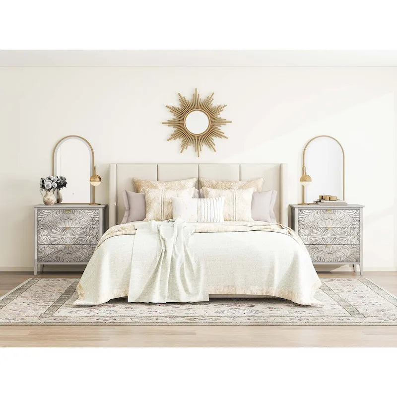 Commode 3 tiroirs avec poignées à motif doré – Gris et blanc, anti-basculement, tiroirs à glissière inférieure