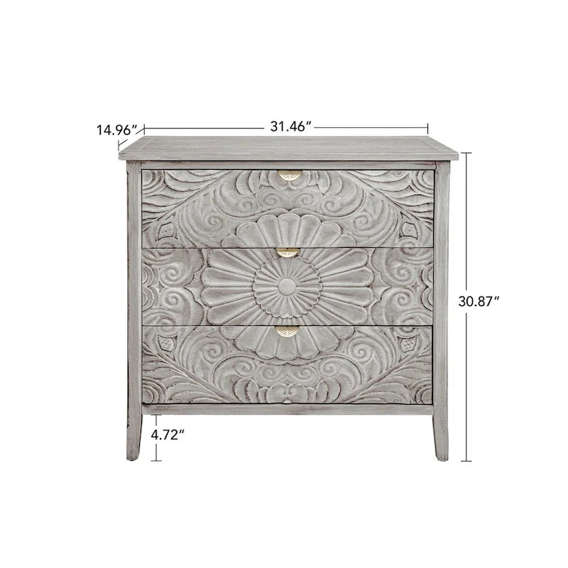Commode 3 tiroirs avec poignées à motif doré – Gris et blanc, anti-basculement, tiroirs à glissière inférieure