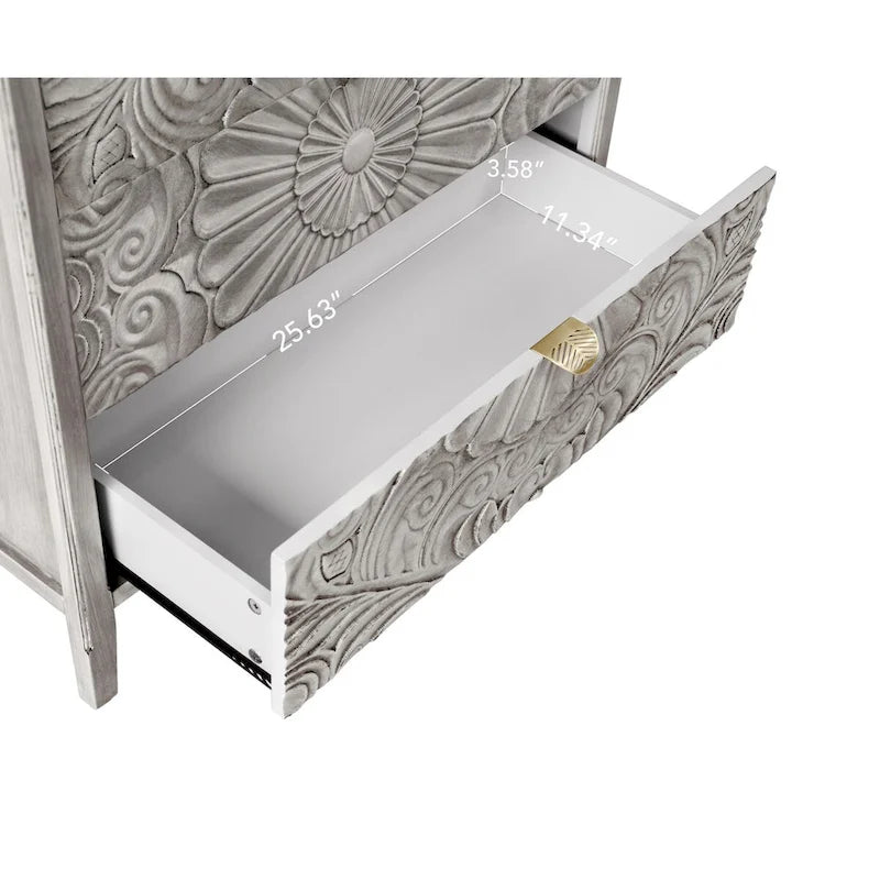 Commode 3 tiroirs avec poignées à motif doré – Gris et blanc, anti-basculement, tiroirs à glissière inférieure