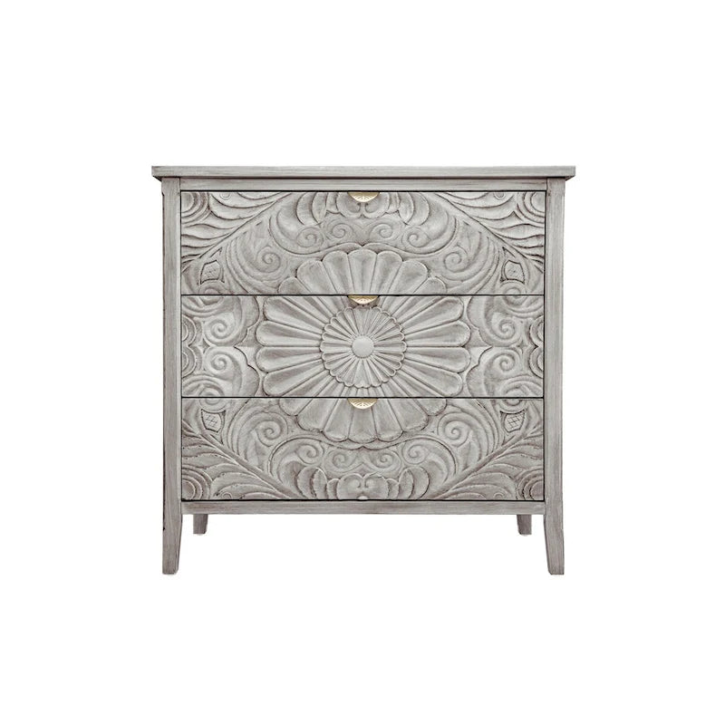 Commode 3 tiroirs avec poignées à motif doré – Gris et blanc, anti-basculement, tiroirs à glissière inférieure