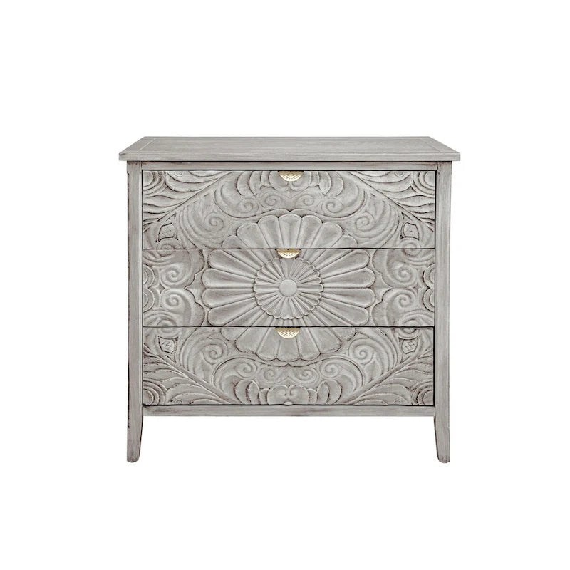 Commode 3 tiroirs avec poignées à motif doré – Gris et blanc, anti-basculement, tiroirs à glissière inférieure