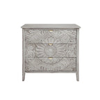 Commode 3 tiroirs avec poignées à motif doré – Gris et blanc, anti-basculement, tiroirs à glissière inférieure