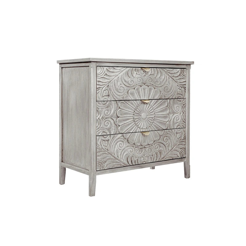 Commode 3 tiroirs avec poignées à motif doré – Gris et blanc, anti-basculement, tiroirs à glissière inférieure
