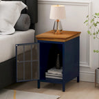 Table de chevet en verre avec cadre en fer – Bleu/Vert, plateau en bois massif, style moderne