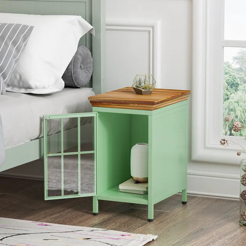 Table de chevet en verre avec cadre en fer – Bleu/Vert, plateau en bois massif, style moderne
