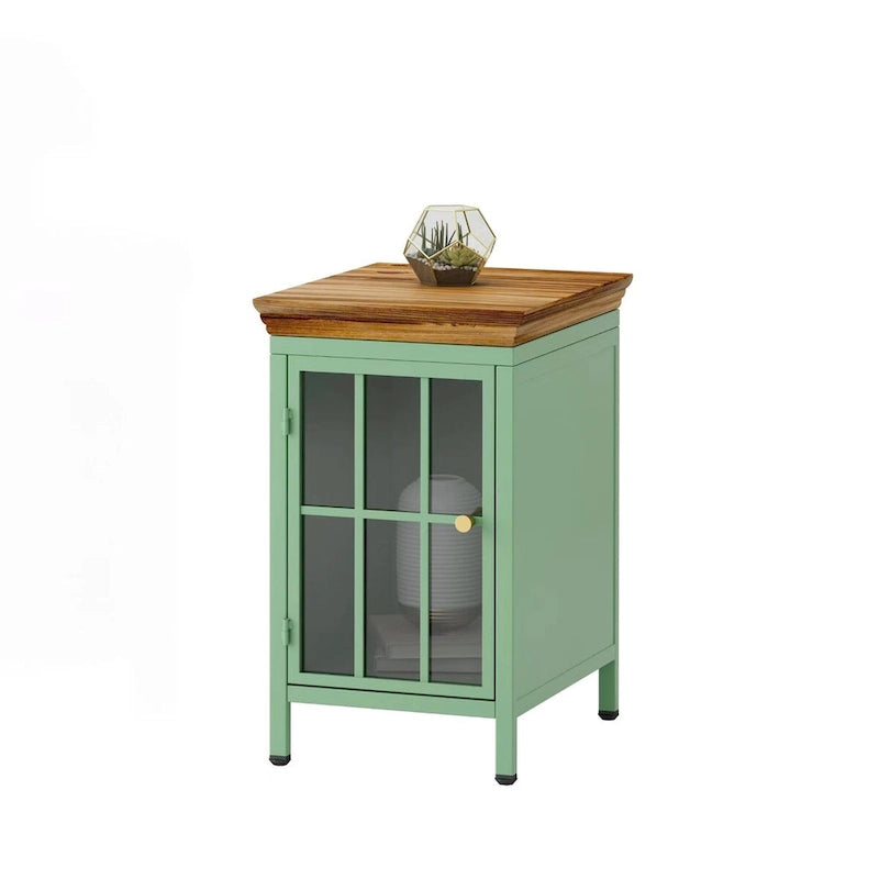 Table de chevet en verre avec cadre en fer – Bleu/Vert, plateau en bois massif, style moderne