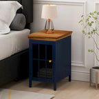 Table de chevet en verre avec cadre en fer – Bleu/Vert, plateau en bois massif, style moderne