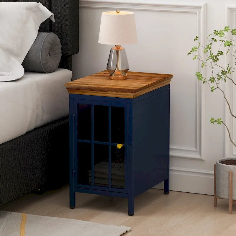 Table de chevet en verre avec cadre en fer – Bleu/Vert, plateau en bois massif, style moderne