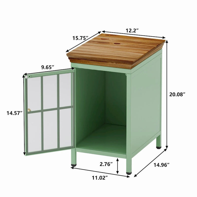 Table de chevet en verre avec cadre en fer – Bleu/Vert, plateau en bois massif, style moderne