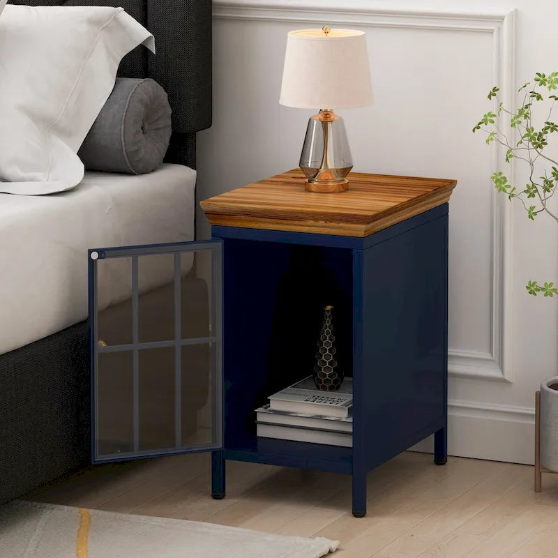 Table de chevet en verre avec cadre en fer – Bleu/Vert, plateau en bois massif, style moderne