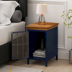 Table de chevet en verre avec cadre en fer – Bleu/Vert, plateau en bois massif, style moderne