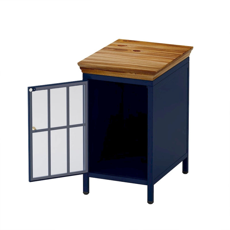 Table de chevet en verre avec cadre en fer – Bleu/Vert, plateau en bois massif, style moderne