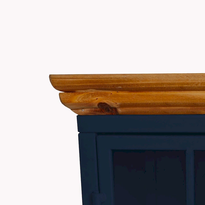 Table de chevet en verre avec cadre en fer – Bleu/Vert, plateau en bois massif, style moderne
