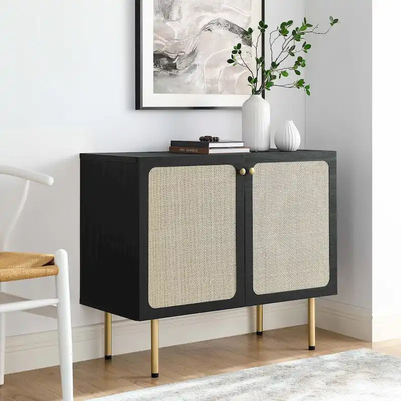 Meuble d'appoint en rotin – Noir/Chêne, Grain de bois, Pieds réglables